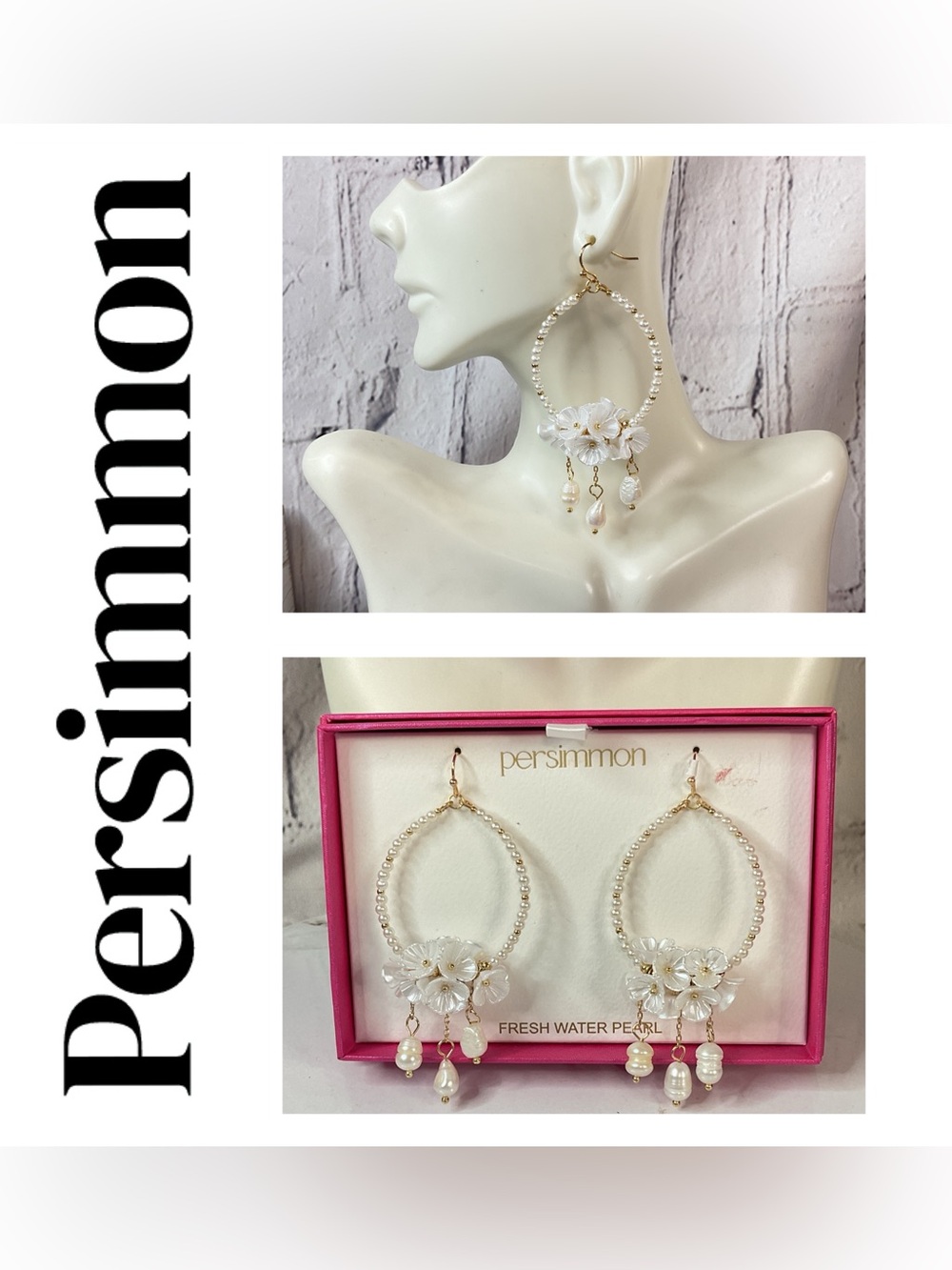 🌟🌟 White Floral Freshwater Pearl Hoop Earrings